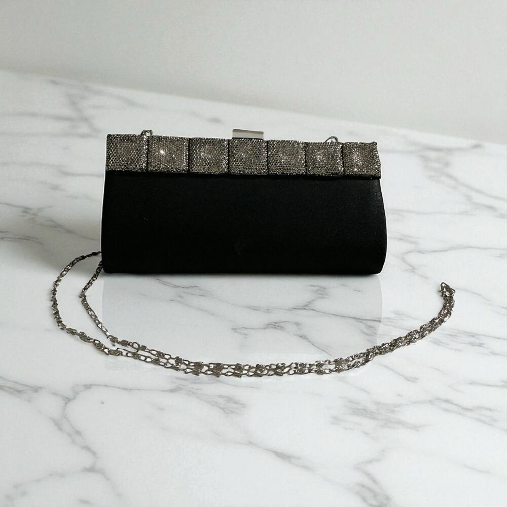 RSVP Y2K Black Satin Evening Bag w/ Silver Square Detail & Chain Strap - Picture 10 of 10